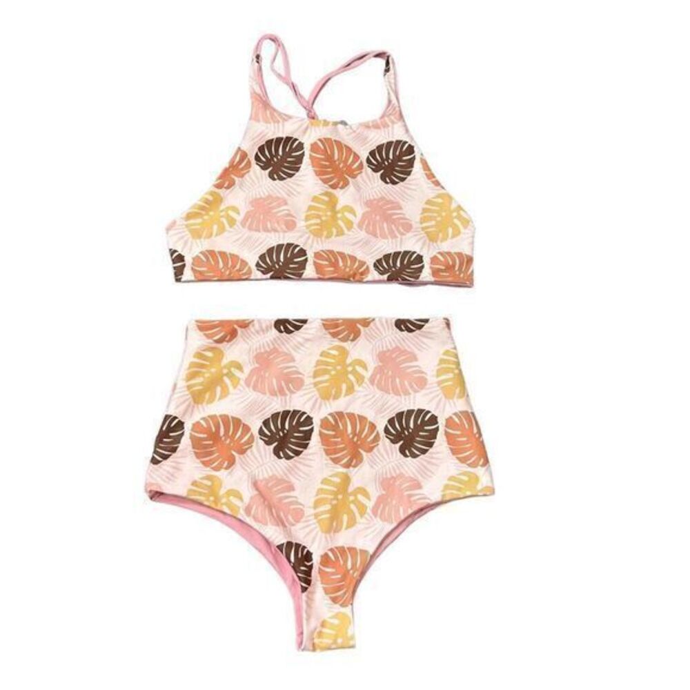 IwaWhy Swimsuit High Waist Bikini Set Large Pink Cream Monstera Leaves 2 Piece